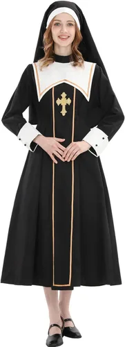 Vista 9 de CR ROLECOS - Disfraz de monja de terror de talla grande, disfraz de sacerdote para Halloween, color negro
