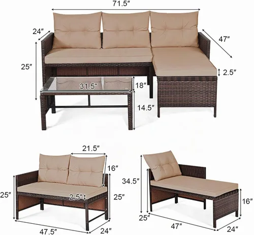 Vista 2 de DORTALA Juego de muebles de mimbre para patio, sofá de 3 piezas, sofá seccional de ratán de polietileno en forma de L, juego de conversación