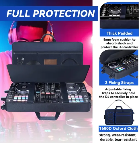 Vista 3 de Funda para controlador de DJ con ruedas compatible con DDJ-FLX10/1000/1000SRT/ DDJ-GRV6/REV5/REV7, mochila acolchada para DJ con correa de hombro