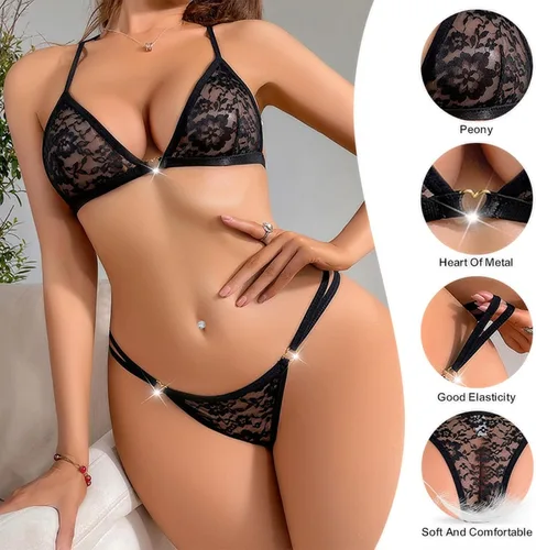 Vista 4 de Conjunto de lencería de encaje para mujer, conjunto de 2 piezas de brasier y bragas sexy