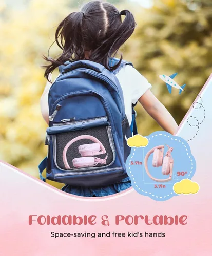 Vista 5 de DyBaxa Auriculares para niños, auriculares plegables con cable para niños, limitador de volumen de 94 dB, auriculares para niños para clases