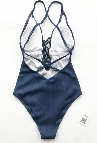 Vista 5 de CUPSHE Traje de baño de una pieza con cordones, cuello en V y color liso para mujer