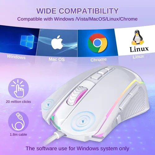 Vista 6 de Redragon Ratón para juegos, mouse blanco con cable con retroiluminación RGB, 8000 DPI ajustable, ratones para juegos de PC con 9 botones macro