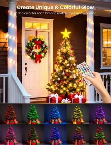 Vista 5 de Luces de hadas inteligentes para árbol de Navidad de 65.6 pies, 200 LED, RGB+IC que cambian de color, luces de cadena navideñas, control por