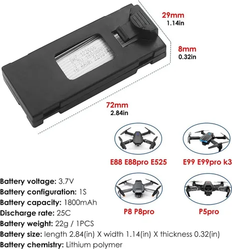 Vista 2 de Accesorios 3.7 V 1800 mAh Li-po Baterías (4 piezas) con cargador 4 en 1 para E88 E88PRO E88MAX E525 E99 E99PRO P1 P5PRO K3 S1 P8 RC Drone Batería