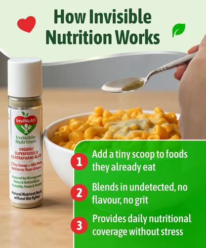 Vista 4 de InviNutri Superalimento en polvo para comedores sensoriales y quisquillosos. Una cucharada diminuta - 40 veces rica en nutrientes, 30 mg