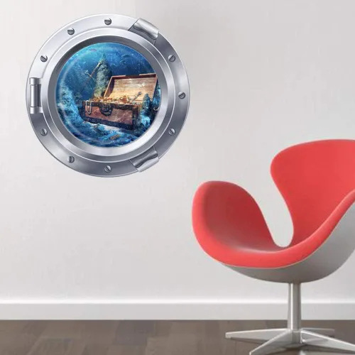 Vista 3 de Woodland Arts Monedas del tesoro submarino 3D, vista submarina del océano, 18 x 18 pulgadas, vinilo extraíble para despegar y pegar, calcomanías