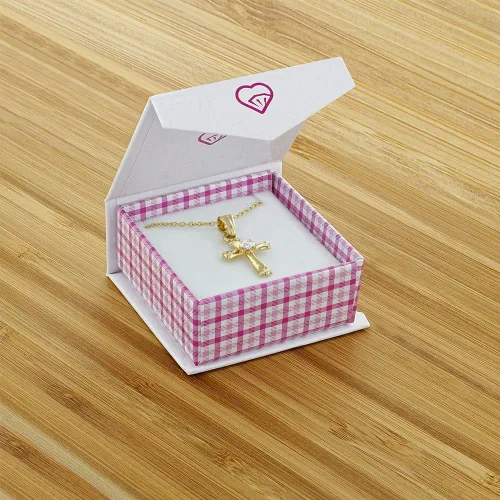 Vista 2 de Collar con colgante de cruz pequeña de circonita cúbica chapada en oro para niñas de 16.0in Excelente regalo para niños en bautismo, bautizo