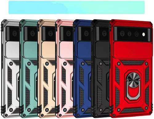 Vista 2 de Funda para Google Pixel 6A, protección de grado militar para automóvil [soporte integrado] Soporte de anillo de metal de doble capa TPU resistente +
