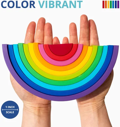 Vista 7 de BLUE GINKGO - Rompecabezas de silicona de arco iris, bloques de construcción de juguetes apilables para bebés, anidación Montessori de extremo