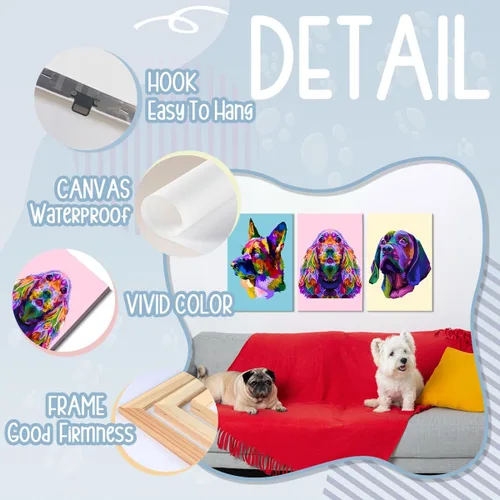 Vista 6 de 3 Piezas Arte de Pared de Perro Decoración de Pared de Perro Pastor Alemán Lienzo Arte de Pared Cocker Spaniel Decoración de Perro Arte de Pared