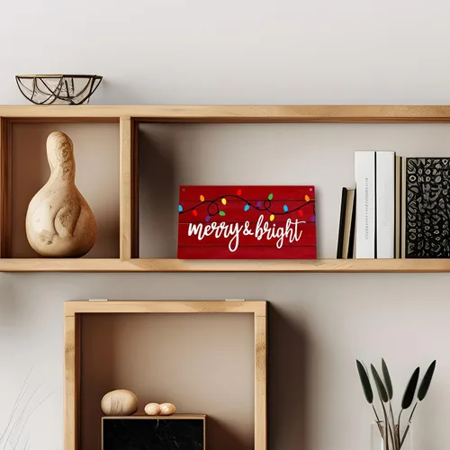 Vista 3 de PHAMTE Letreros de Navidad con texto en inglés «Merry And Bright», de madera de bienvenida, de madera, rústico, festivo, de 12 x 6 pulgadas