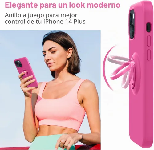 Vista 3 de MOCCA Compatible con funda para iPhone 14 Plus con soporte de anillo Forro de microfibra súper suave Funda protectora de silicona líquida