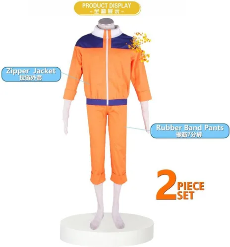 Vista 2 de MYCOS - Chaqueta y pantalones de anime naranja para niños y adultos, disfraz de Ninja Cosplay para cumpleaños, Halloween