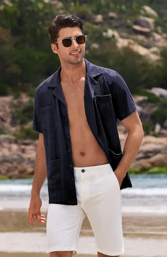 Vista 3 de COOFANDY Camisa cubana para hombre de lino casual Guayabera camisa de verano con botones