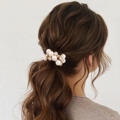 Vista 5 de Brinie Lazos para el cabello con perlas negras, coleteros elásticos de cristal para el cabello, accesorios para el cabello de perlas para mujeres