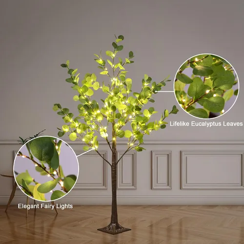 Vista 3 de LIGHTSHARE Árbol de eucalipto iluminado de 4 pies, 126 L, color blanco cálido, vegetación artificial con luces para boda, vacaciones, hogar, fiesta