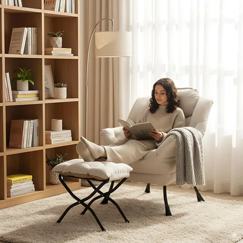 Vista 6 de LITA - Silla perezosa con otomana, sofá tapizado de ocio moderno de acento, silla de lectura contemporánea de salón con reposabrazos y bolsillo