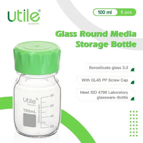 Vista 8 de Utile Botella multimedia, 3.3 botellas de vidrio de borosilicato con tapones de rosca GL45, 6 botellas de medios de laboratorio de 3.4 fl oz
