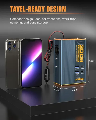 Vista 6 de Inversor de corriente de 300 W DC 12 V a 110 V Adaptador de CA con dos salidas de CA/2 puertos USB PD30W USB-C/2 QC18W/1 toma de encendedor