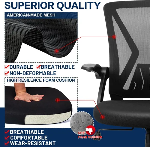 Vista 6 de TTD Silla de oficina ergonómica cómoda giratoria para el hogar, silla de escritorio moderna de malla negra con brazos abatibles, silla