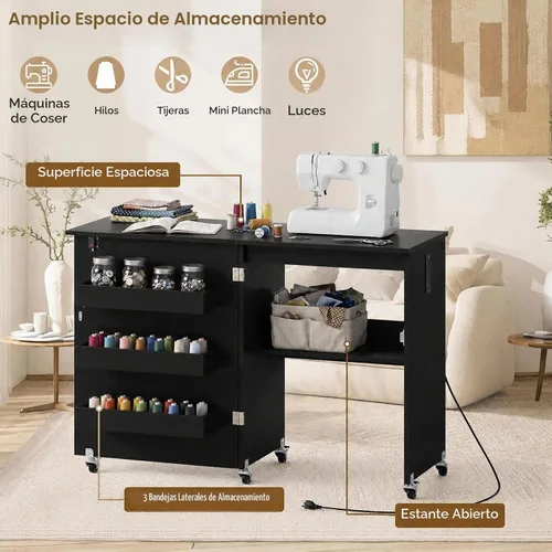 Vista 4 de GIANTEX Mesa de costura plegable con estación de carga, bandejas de Negro