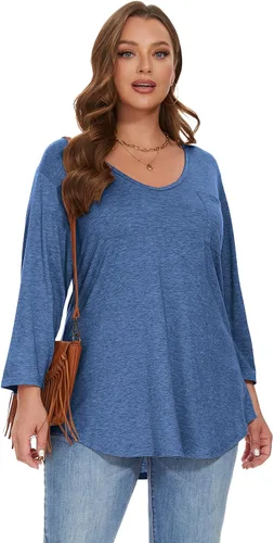 Vista 4 de BELAROI Camiseta básica de manga 34 con cuello en V para mujer, talla grande, holgada, con bolsillo