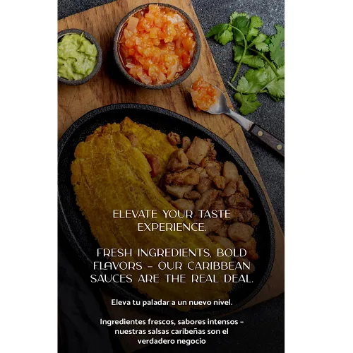 Vista 4 de Salsa Kalalú Premium de Costa Rica. Ingredientes frescos, sabores audaces. Nuestras salsas caribeñas son la verdadera oferta. Sabores surtidos.