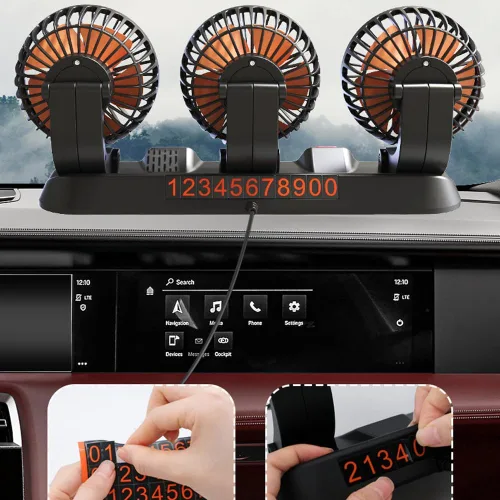 Vista 9 de Ventilador eléctrico, 3 cabezales, ventilador de automóvil, portátil, ventilador de refrigeración de aire, ventilador eléctrico silencioso