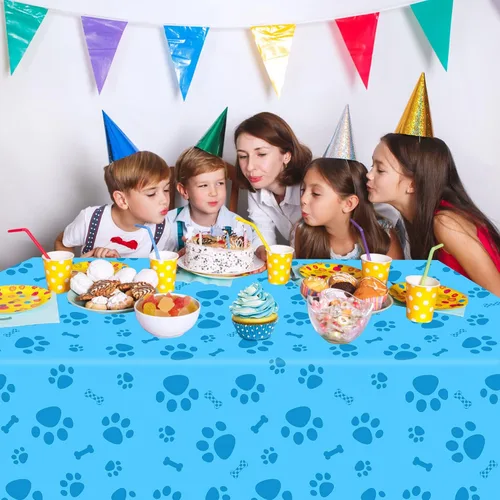 Vista 6 de DUAIAI Mantel con estampado de patas, 1 paquete de plástico de tamaño grande de 54 x 108 pulgadas, mantel con estampado de pata de perro y letrero