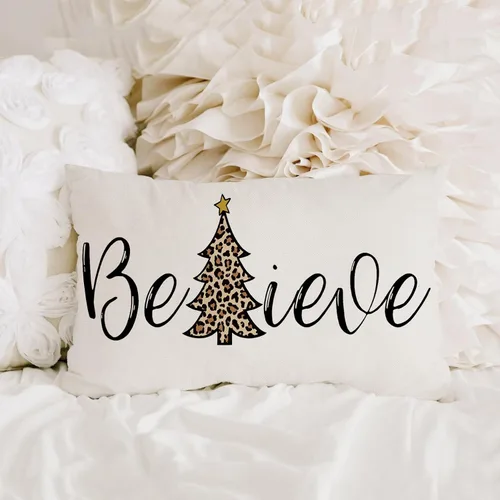Vista 4 de AOFANGGO Funda de almohada de Navidad de 12 x 20 pulgadas, decoración navideña de árbol de leopardo, funda de cojín rústica para cama, silla, sofá