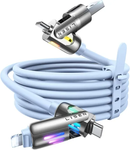Vista 7 de Cable USB C de LISEN de 3 pies para cargador Samsung tipo C, cable de carga 4 en 1 con luz, cable de carga múltiple para iPhone 16 15 14 Pro Rosa