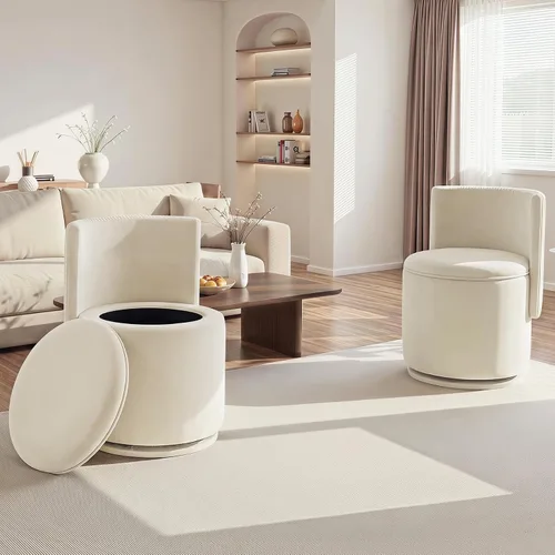 Vista 2 de Furniliving Silla de tocador de terciopelo con almacenamiento, silla giratoria de 360° con respaldo ondulado, moderno taburete de tocador de barril