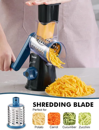 Vista 4 de Geedel Rallador rotativo de queso, cortador de verduras de mandolina de cocina con 3 cuchillas intercambiables, fácil de limpiar, rallador giratorio