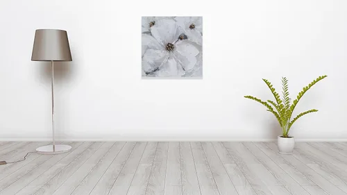 Vista 9 de SYGALLERIER Arte abstracto de pared de flores, pintura al óleo floral gris y blanca con adornos de lámina dorada, arte de pared de lienzo hecho a