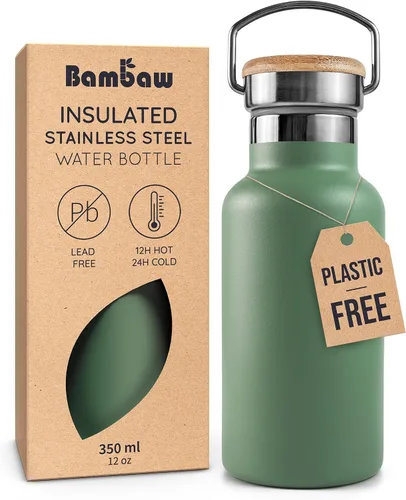 Vista 36 de Bambaw Botella de agua de acero inoxidable de 12 onzas, azul Egeo, 350 ml, de doble pared aislada, a prueba de fugas, apta para lavavajillas, sin