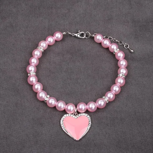 Vista 3 de Collar de perlas de perro y gato con diamantes de imitación, dije de corazón con dije de corazón para mascotas y cachorros (S, rosa)