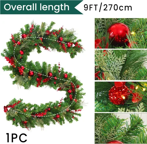 Vista 3 de Guirnalda de Navidad preiluminada de 9 pies con luces, guirnalda de Navidad para mesa, chimenea, escalera, manto de pared, decoración de interiores