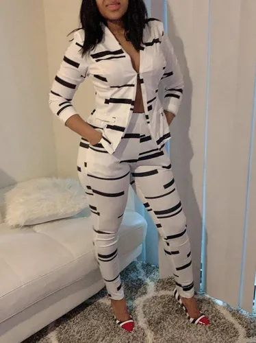 Vista 7 de Evesymil Conjunto de 2 piezas con cuello de solapa y manga larga a rayas para mujer