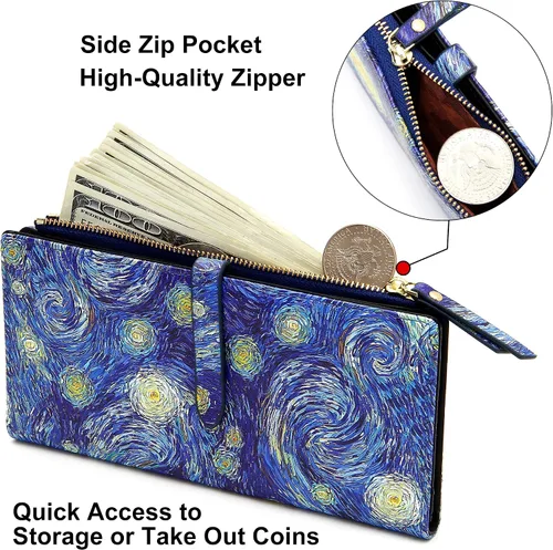 Vista 15 de Billeteras delgadas para mujer, tarjetero RFID plegable con bolsillo con cremallera, Mandala azul, Delgado
