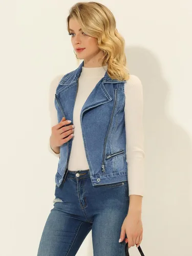 Vista 3 de Allegra K Chaqueta de moto sin mangas con cremallera para mujer, chaleco de mezclilla clásico