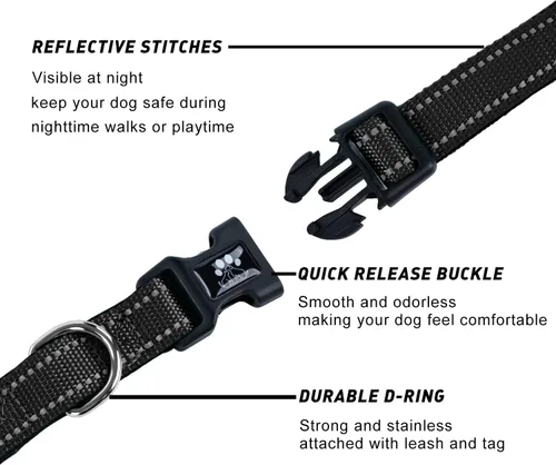 Vista 4 de FURRYFECTION Juego de collar y correa reflectante para perro con hebilla de liberación rápida, neopreno acolchado de nylon ajustable para perros
