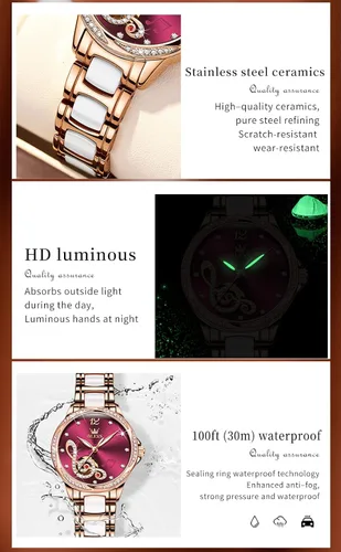 Vista 6 de OLEVS Relojes de mujer automáticos de cuerda automática para mujer, vestido de lujo de oro rosa, diamante blanco, cerámica para mujer, reloj