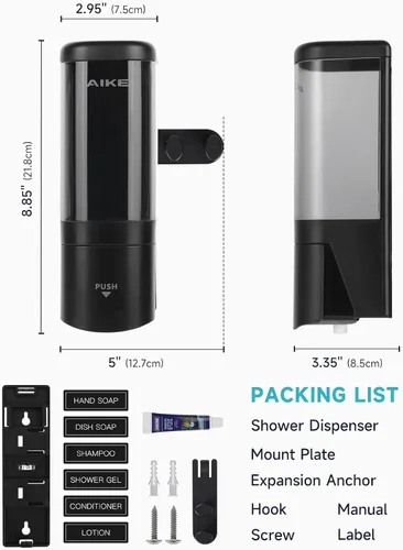 Vista 9 de AIKE Dispensador de jabón líquido para montaje en pared, 16 oz para baño Negro