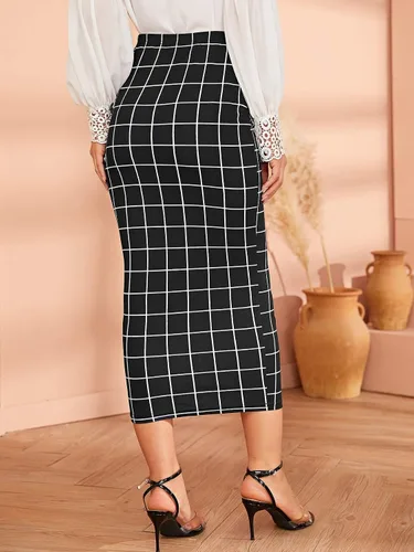 Vista 2 de Verdusa Elegante falda de largo medio a cuadros con cintura elástica para mujer