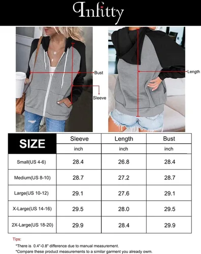 Vista 5 de INFITTY Sudadera casual con capucha y bolsillo para mujer, manga larga, con cremallera, ligera, con bloques
