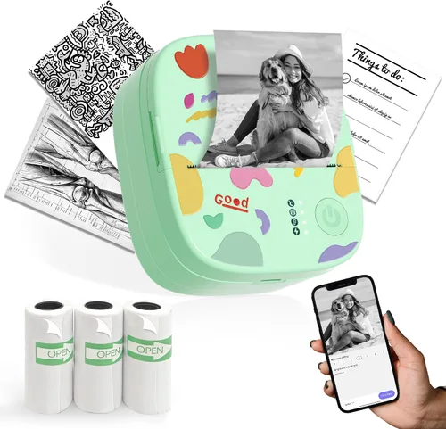 Vista 12 de Mini impresora portátil de calcomanías, mini impresora térmica con 3 rollos de papel, cápsulas de impresión sin tinta Bluetooth, etiquetadora