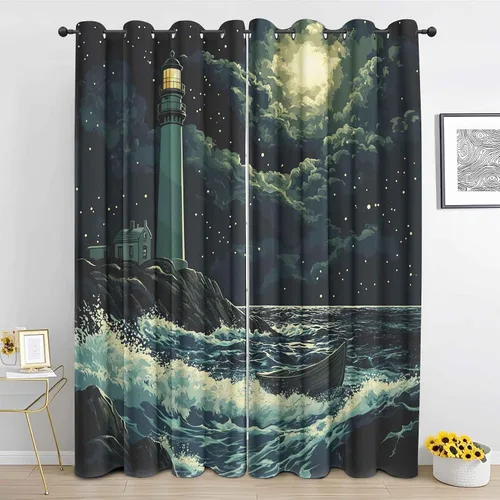 Vista 11 de Cortinas de faro costero de 54 pulgadas de largo, 2 paneles, cortinas opacas con ondas de vela para decoración de dormitorio, sala de estar, Negro