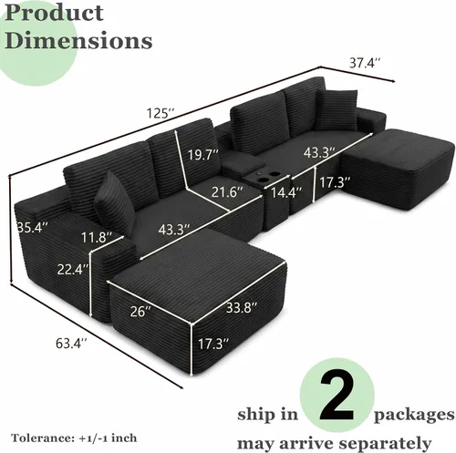 Vista 2 de Sofás seccionales de gran tamaño de 125 pulgadas para sala de estar, moderno sofá de nube deshuesado con otomana, puerto USB y portavasos, cómodo