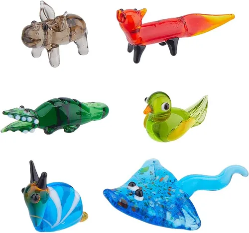 Vista 8 de 6 piezas de figuras de vidrio soplado a mano en miniatura, decoración de animales de cristal colorido, rana, ciervo sika, elefante, delfín mítico
